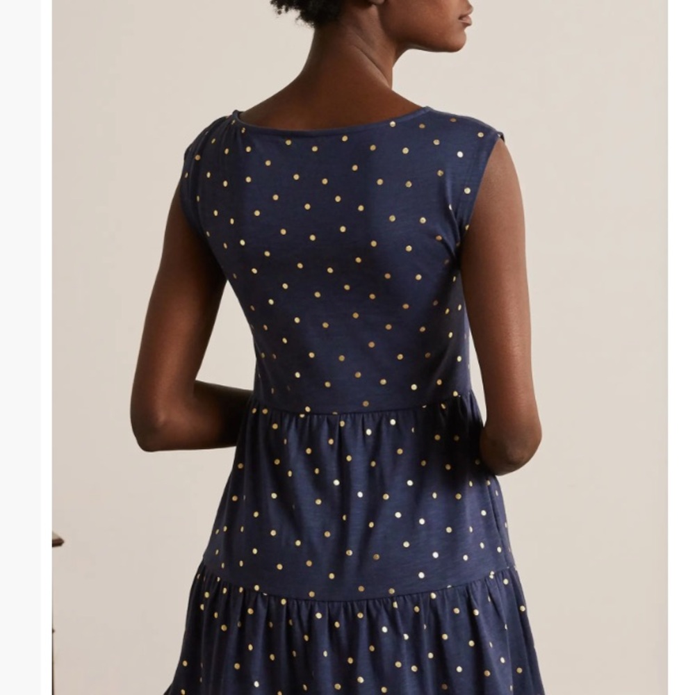 STYLISH BODEN ROMAINE SLEEVELESS DRESS BLUE W/ GOLD POLKA DOTS TIERED SKIRT EUC - Picture 3 of 15
